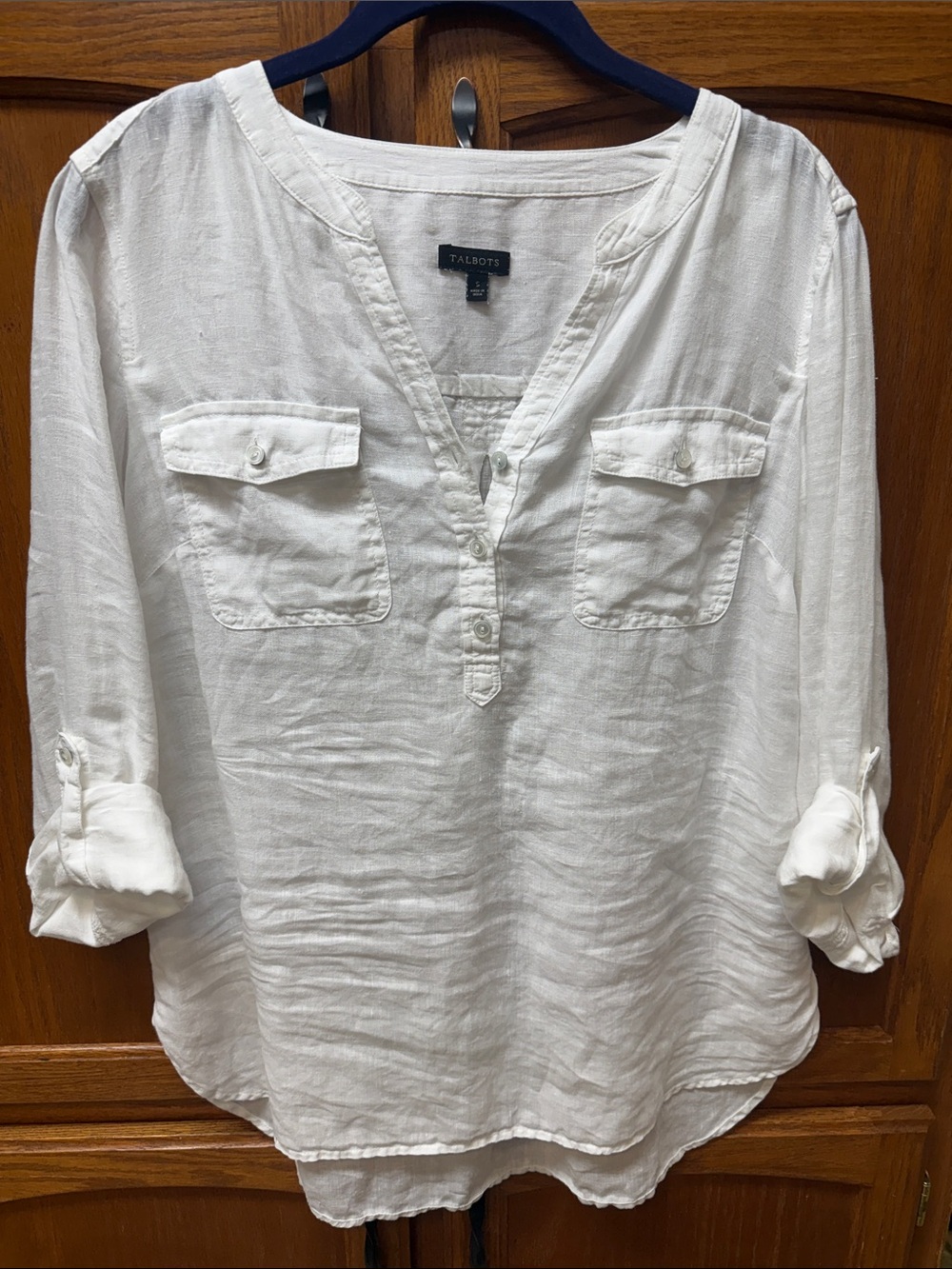 Talbots White Linen  Roll Tab Sleeve Tunic